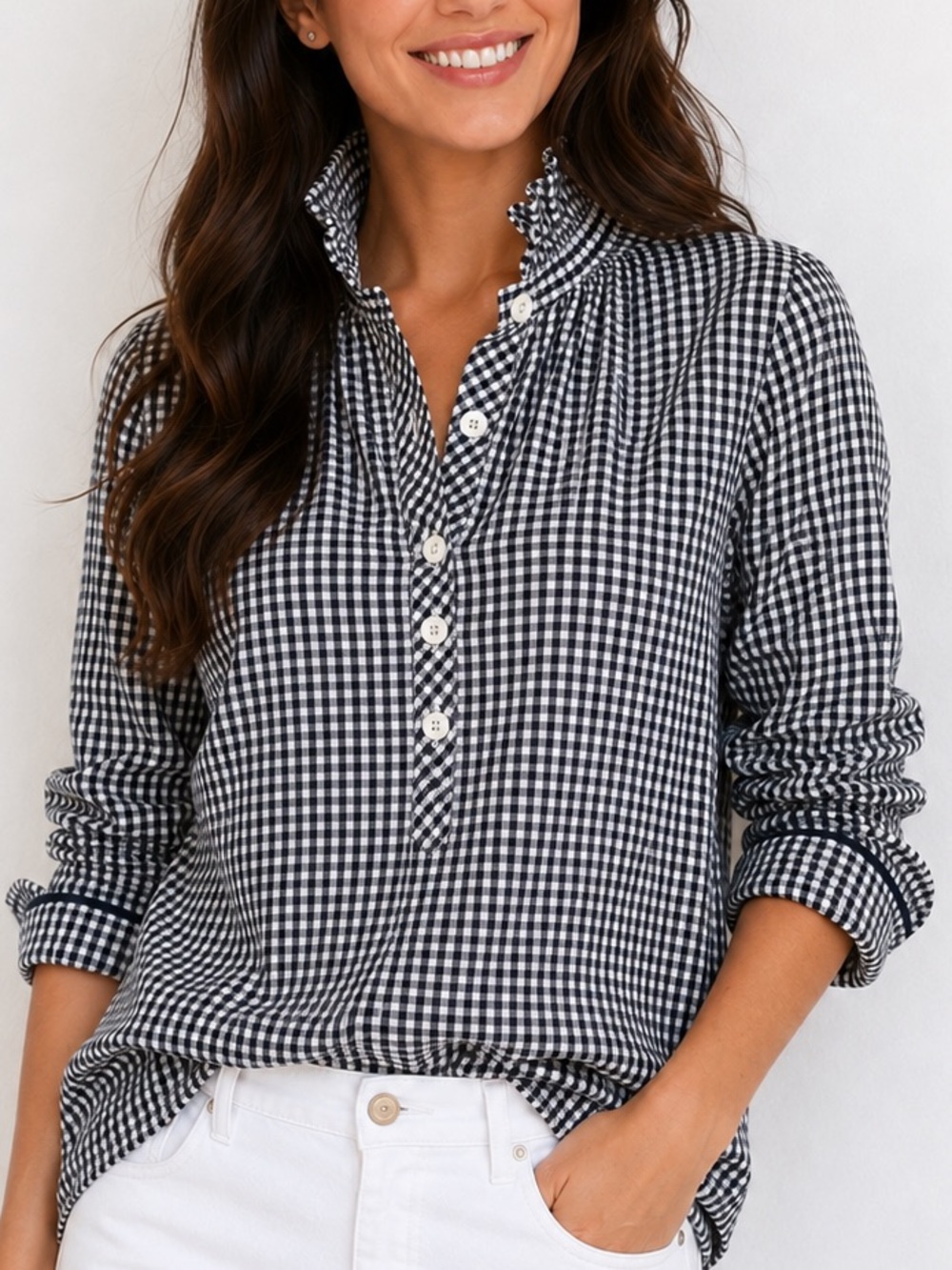 Vineyard Vines Gingham Black & White Ruffled Button-Down Shirt Women's Size 2